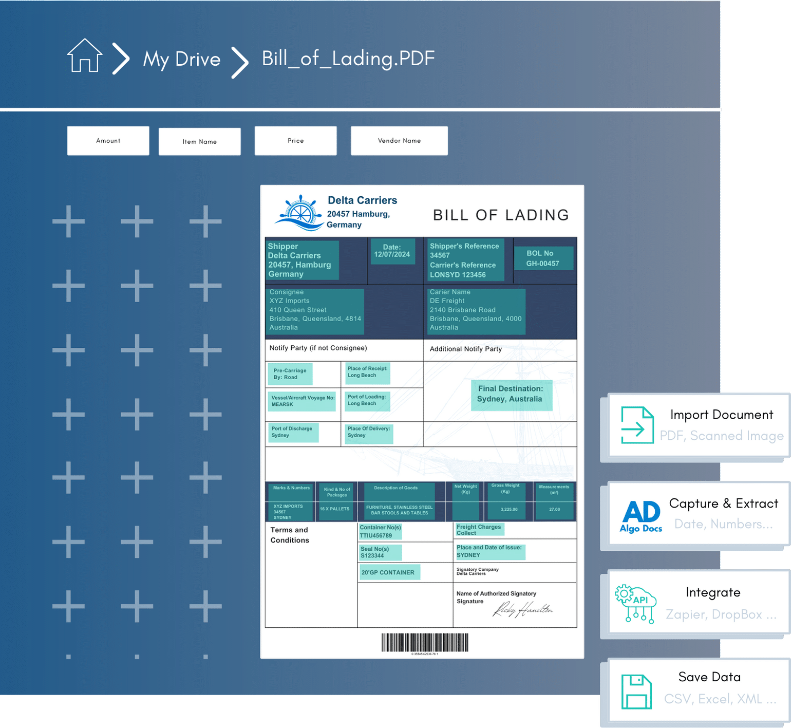 Bill of lading header